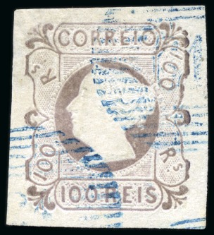 1853 100r lilac, three large margined examples scarcely used in blue