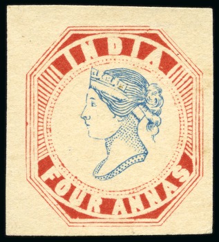 Stamp of India » 1854 Lithographs Spence 34: 4a red and pale blue on stout yellowish to white paper