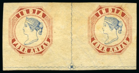 Stamp of India » 1854 Lithographs Spence 62: 4a brown red and dark blue on yellowish paper in pair
