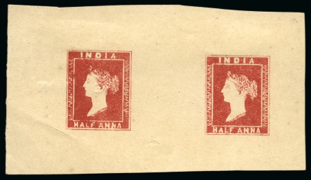 Stamp of India » 1854 Lithographs Spence 73: 1/2a deep red on yellowish wove paper in horizontal pair