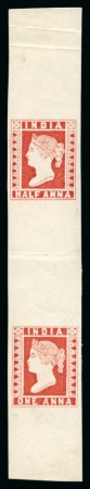 Stamp of India » 1854 Lithographs Spence 90/42: 1/2a vermilion, pos.6, in se-tenant vertical pair with 1a vermilion on lighter yellowish wove paper