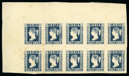 Stamp of India » 1854 Lithographs Spence 94: 1/2a indigo on yellowish wove paper in top left marginal block of ten