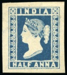 Stamp of India » 1854 Lithographs Spence 97: 1/2a blue on yellowish paper and Spence 99: 1/2a blue on thin yellowish unwatermarked paper