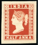 Stamp of India » 1854 Lithographs Spence 102: 1/2a red on thin yellowish unwatermarked paper, pos.8 and pos.15 singles