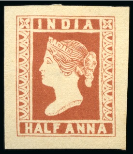 Stamp of India » 1854 Lithographs Spence 129: 1/2a brownish red on yellowish paper, pos.42, with "E" of "SPECIMEN"
