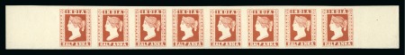 Spence 129: 1/2a brownish red on thin yellowish unwatermarked paper in horizontal strip of 8