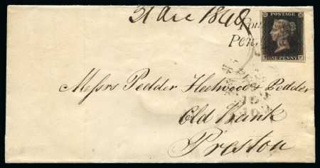 1840 1d Black pl.7 TF tied to wrapper from Poulston to Preston by "Poulston / Penny Post" handstamp and MAGENTA Maltese Cross