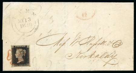1840 1d Black pl.1a, very good even margins, tied to 1840 (May 13) wrapper by crisp orange-red MC, placed contrary to regulations at the lower left 