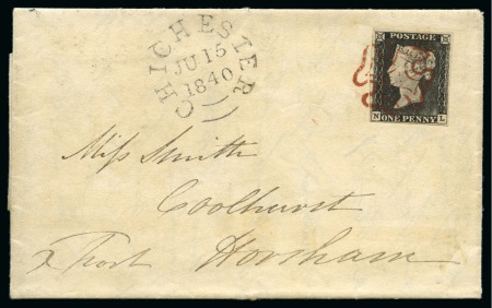 1840 1d Black pl.2 NL tied to 1840 (Jun 15) wrapper from Chichester to Horsham (Sussex) by crisp Maltese Cross in distinctive deep red