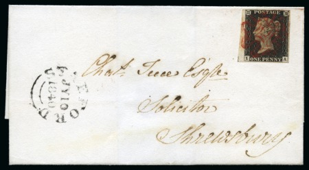 1840 1d Black pl.3 tied to 1840 (Jul 10) wrapper from Stafford to Shrewsbury cancelled by crisp and upright Maltese Cross in distinctive blood red