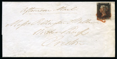 1840 1d Black pl.7 FE tied to 1841 (Feb 5) wrapper from Lancaster to Preston (Lancashire) by crisp red Maltese Cross (late usage)