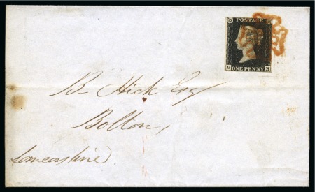 1840 1d Black pl.4 GH, just clear to good margins, tied to 1840 (Jun 19) wrapper from Glasgow (Scotland) to Bolton by neat orange-red Maltese Cross