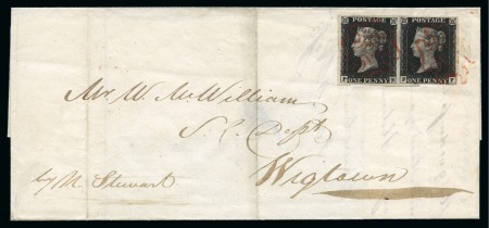Stamp of Great Britain » 1840 1d Black and 1d Red plates 1a to 11 1840 1d Black pl.1b PE-PB pair tied to 1840 (Oct 9) wrapper by distinctive Stranraer brownish-red Maltese Crosses