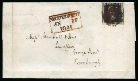 Stamp of Great Britain » 1840 1d Black and 1d Red plates 1a to 11 1840 1d Black pl.8 TH, good to huge margins, tied to 1841 (Jan 17) wrapper from Auchtermuchty (Scotland) by deep red Maltese Cross
