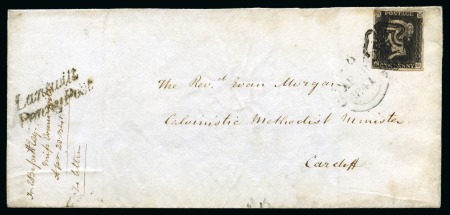 Stamp of Great Britain » 1840 1d Black and 1d Red plates 1a to 11 1840 1d Black pl.6 EG tied to 1841 (Apr 18) wrapper from Lantwit to Cardiff (Wales) by distinctive Cowbridge black Maltese Cross