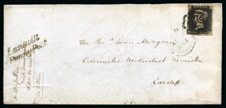 1840 1d Black pl.6 EG tied to 1841 (Apr 18) wrapper from Lantwit to Cardiff (Wales) by distinctive Cowbridge black Maltese Cross