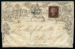 Stamp of Great Britain » 1840 Mulreadys & Caricatures 1841 1d Red pl.14 BG, just touched at top left, tied by black Maltese Cross to 1840 1d Mulready wrapper