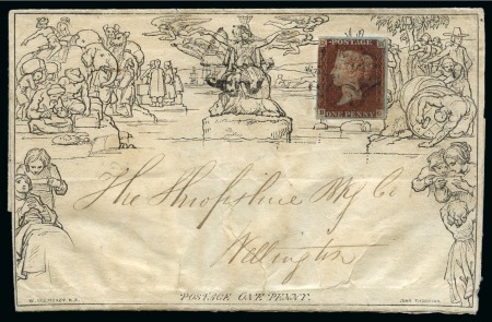 1841 1d Red pl.14 BG, just touched at top left, tied by black Maltese Cross to 1840 1d Mulready wrapper