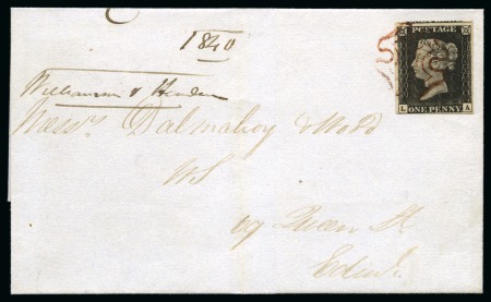 1840 1d Black pl.3 LA tied to 1840 (Dec 4) wrapper sent from Haddington to Edinburgh (Scotland) by crisp BROWN Maltese Cross