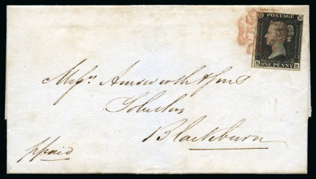 1840 1d Black pl.6 KE, state 2, tied to 1841 (Feb 6) wrapper from Preston to Blackburn (Lancashire) by PALE MAGENTA Maltese Cross