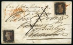 1840 1d Black pl.6 KI, good to huge margins, tied to 1840 (Aug 16) envelope to Hamilton (Scotland) redirected with a further 1d black