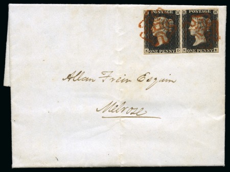 1840 1d Black pl.6 KD-KE pair tied to 1841 (Feb 2) entire from Galashiels to Melrose (Scotland) by neat red Maltese Crosses