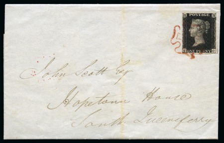 Stamp of Great Britain » 1840 1d Black and 1d Red plates 1a to 11 1840 1d Black pl.5 KC tied to 1840 (Nov 11) entire from Haddington to Queensferry (Scotland) by crisp salmon pink Maltese Cross