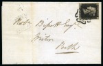 1840 1d Black pl.2 DK, fine to good margins, tied to 1841 (Apr 8) entire sent locally in Perth (Scotland) by neat black Maltese Cross
