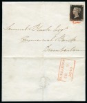 Stamp of Great Britain » The "Quercus" Collection » Coloured Maltese Cross Cancellations 1840 1d Black pl.4 MJ, good to very good margins, tied to 1840 (Sep 9) wrapper by crisp ORANGE Maltese Cross of Dumbarton