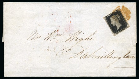 Stamp of Great Britain » 1840 1d Black and 1d Red plates 1a to 11 1840 1d Black pl.4 MJ, fine to large margins, tied to 1840 (Nov 27) wrapper by smudgy brown Maltese Cross of Ayr 