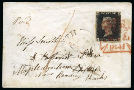 Stamp of Great Britain » The "Quercus" Collection » 1840 1d Black 1840 1d Black pl.6 JF tied to 1841 (Jan 27) envelope from Cosham (Hampshire) to London tied by red Maltese Cross and Vere Street "MC" ds
