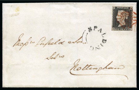 Stamp of Great Britain » The "Quercus" Collection » 1840 1d Black 1840 1d Black pl.1a EC tied to wrapper by crisp red Maltese Cross with Spalding undated circular hs below