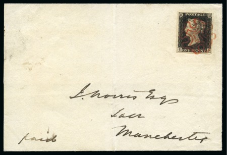 Stamp of Great Britain » 1840 1d Black and 1d Red plates 1a to 11 1840 1d Black pl.1a DD tied to wrapper from Knutsford (Cheshire) to Manchester by crisp red Maltese Cross