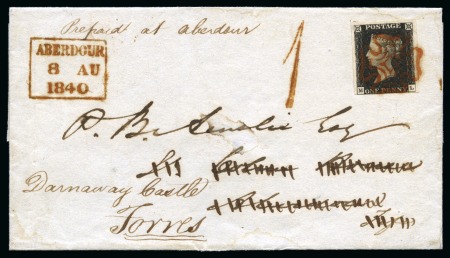 Stamp of Great Britain » The "Quercus" Collection » 1840 1d Black 1840 1d Black pl.1b ML tied to 1840 (Aug 7) wrapper from Aberdeen to Aberdour then to Forres (Scotland) originally sent pre-paid in cash with "1" 