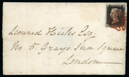 1840 1d Black pl.6 BK, tied to 1841 (Mar 21) wrapper to London by crisp and vivid red Maltese Cross, late usage of red ink