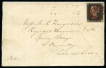1840 1d Black pl.2 DJ, tied to 1841 (Feb) wrapper from Wrentham (Suffolk) to Burnley by deep red-brown Maltese Cross