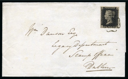 1840 1d Black pl.10 GH tied to 1841 (Feb 24) wrapper from London to Dublin by neat black Maltese Cross