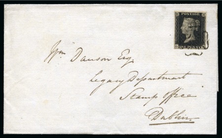 Stamp of Great Britain » The "Quercus" Collection » 1840 1d Black 1840 1d Black pl.10 GH tied to 1841 (Feb 24) wrapper from London to Dublin by neat black Maltese Cross
