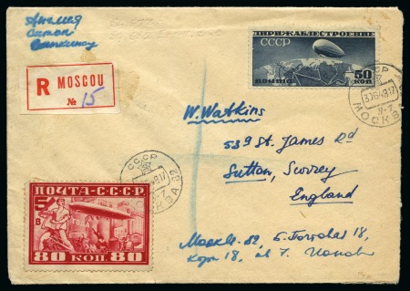 1931 Zeppelin 50k grey-blue error of colour on a 1948 (Jun 30) envelope sent registered from Moscow to England