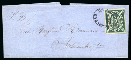 Stamp of Bolivia 1867 5c green, the finest of less than five covers recorded bearing a single franking