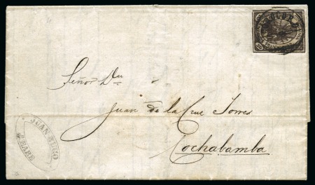 Stamp of Bolivia 1867 10c brown, an extremely rare single franking on cover
