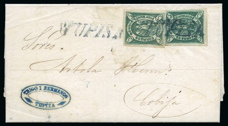 Stamp of Bolivia 1867 5c green, an extremely rare franking with two examples in clearly contrasting shades