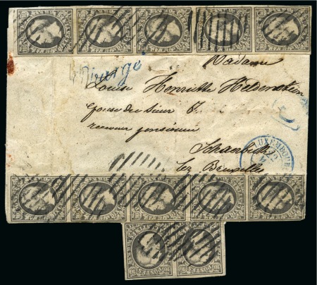 Stamp of Luxembourg 1856 10c grey-black, twelve examples on very rare registered mail