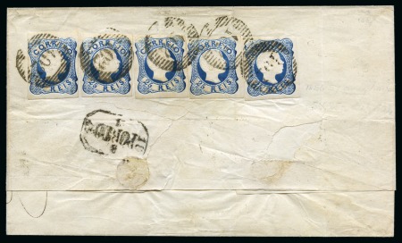 1856-58 25r blue, die I, five examples on quintuple rate inland cover