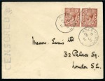 Ascension 1916 (29 JU) censored "Ewens" cover to London bearing Great Britain 1912-22 1½d. red-brown pair,