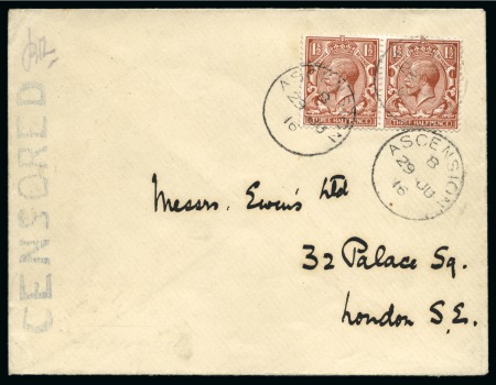 Ascension 1916 (29 JU) censored "Ewens" cover to London bearing Great Britain 1912-22 1½d. red-brown pair,