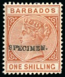 Barbados Barbados ½d Green, 2 ½d x 2 One partially Doubled, 3d. 4d grey and 4d brown 6d. and 1/- each hand stamped Specimen