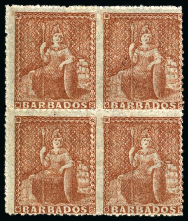 Stamp of Barbados Barbados 1861-70 (4d) dull brown-red, no wmk, rough perf 14 to 16, block of four, 