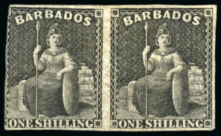 Barbados 1873 1/- Black horizontal pair unused part o.g, wmk Large Star, Clean-Cut Perf 14.5 to 15.5, variety "Imperf between", 
