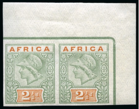 1902ca. De La Rue Minerva head imperforate printers samples with AFRICA 2 1/2d duty plate set of eigh